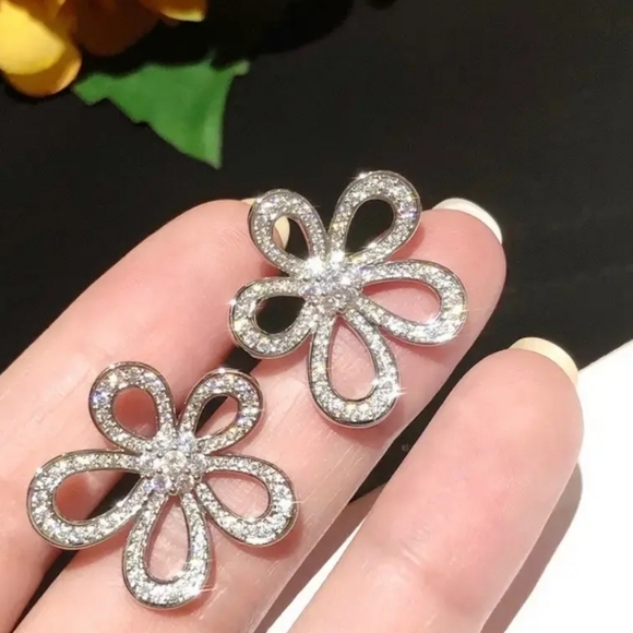 Silver plated white crystal flower earrings with silver post BOGO - Picture 6 of 9